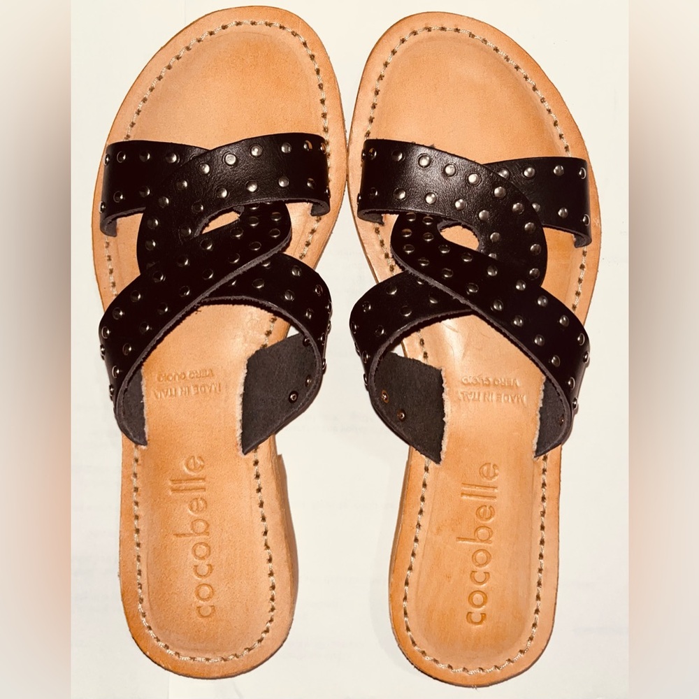 Cocobelle Black Leather With Studs Artisan Elaborated Slides, Women Sz 7.5